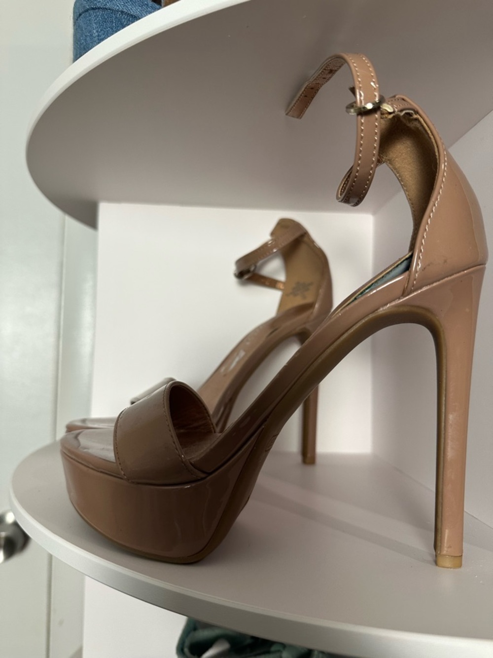 Nine West Nude Patent Platform Ankle-Strap Heels